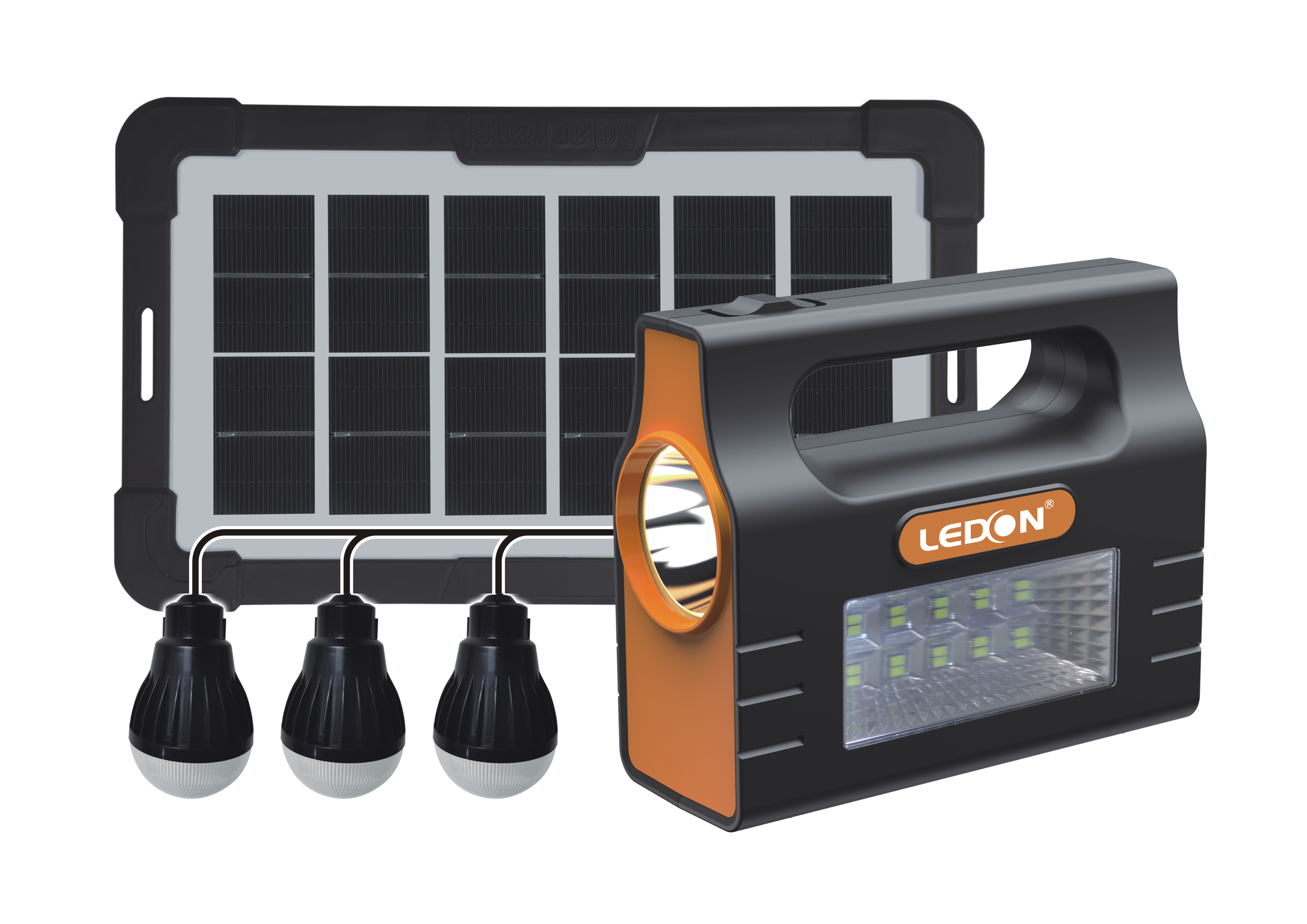 LEDON solar lighting system with panel and bulbs